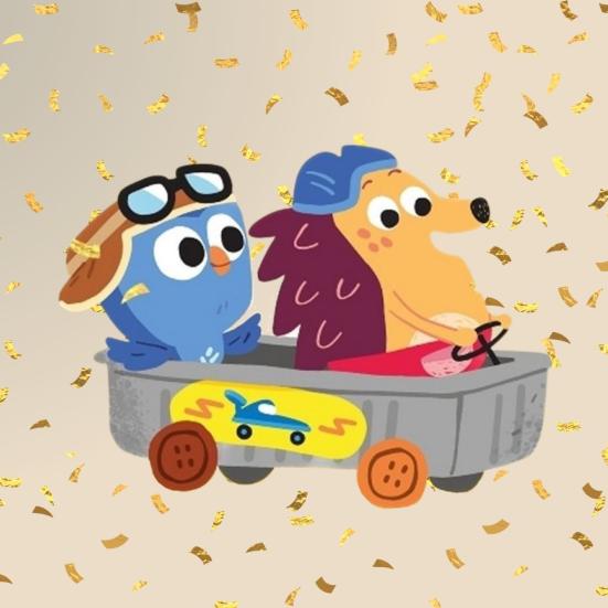 To animerede figurer - hvor den ene er Børste - sidder i en lille legetøjsbil med konfetti i baggrunden.